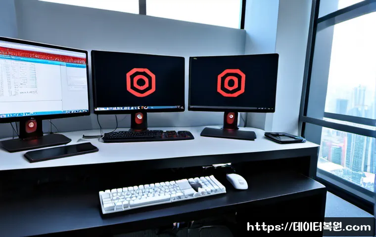 청진동 STATUS_SYSTEM_LICENSE_INVALID - Photorealistic software engineer workstation in a modern Cheongjin-dong office tower, dual monitors ...