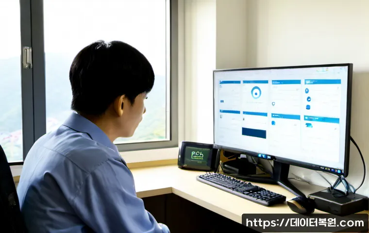 옥인동 BUGCODE_USB_DRIVER - Photorealistic IT support workstation in a compact Ogin-dong apartment office, dual monitors showing...