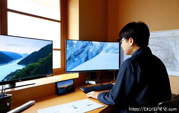 성북동 STATUS_IO_TIMEOUT - Photorealistic IT support workstation in a quiet Seongbuk-dong hillside home office, ultrawide monit...
