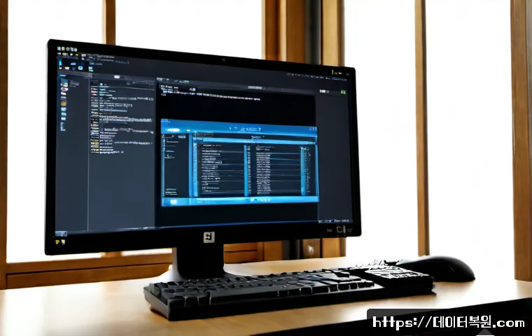 옥인동 IO1_INITIALIZATION_FAILED - Photorealistic IT support workstation in a quiet Ogin-dong studio, desktop monitor showing a blank d...