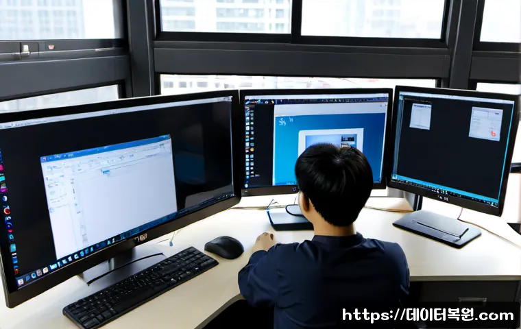 구로동 STATUS_FILE_LOCK_CONFLICT - Photorealistic IT support workstation in a compact Guro-dong office, dual monitors showing a generic...