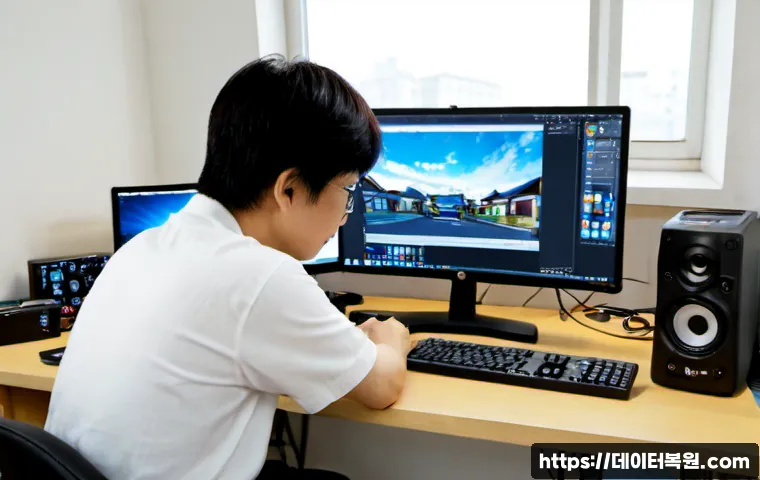 동숭동 pc복구중 - Photorealistic computer recovery workstation in a compact Dongsoong-dong repair studio, technician c...