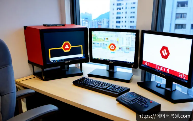 성사동 STATUS_DISK_FULL - Photorealistic remote-support workstation in a compact Seongsa-dong apartment office, dual monitors ...