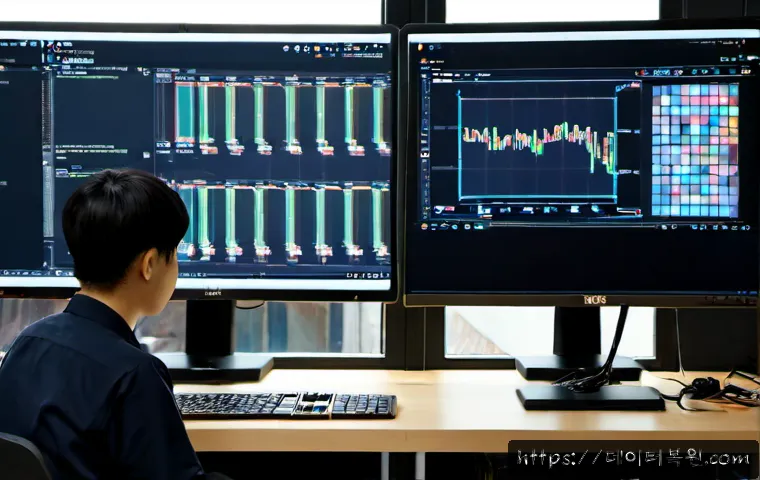 낙원동 STATUS_KERNEL_DATA_CORRUPTION - Photorealistic IT support workstation in a compact Nakwon-dong office, dual monitors showing abstrac...
