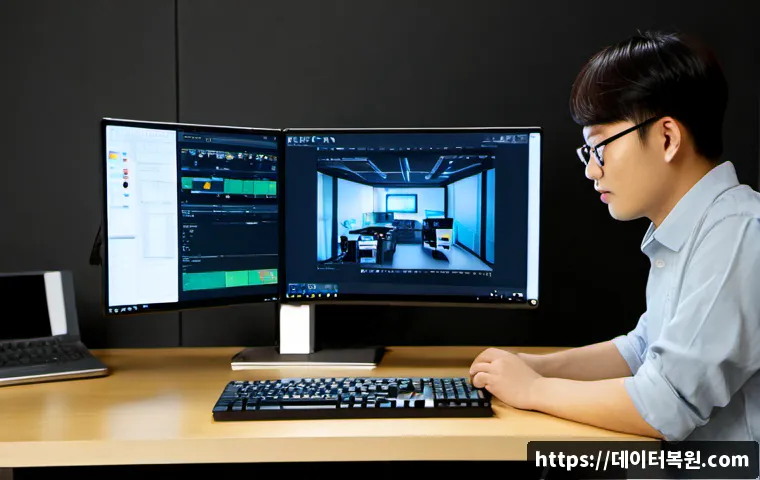 동교동 STATUS_INVALID_LOCK_SEQUENCE - Photorealistic remote-support workstation in a compact Donggyo-dong creative office, dual monitors s...