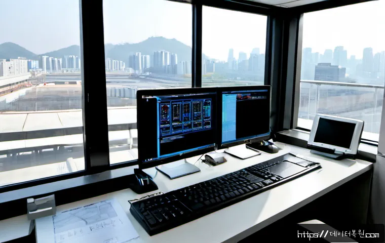 수색동 STATUS_FILE_CORRUPTION - Photorealistic IT recovery workstation in a Susaek-dong office, dual monitors showing a clean abstra...