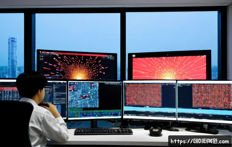 전농동 STATUS_STACK_BUFFER_OVERRUN - Photorealistic IT support workstation in Jeonnong-dong, Seoul, dual monitors showing a complex softw...