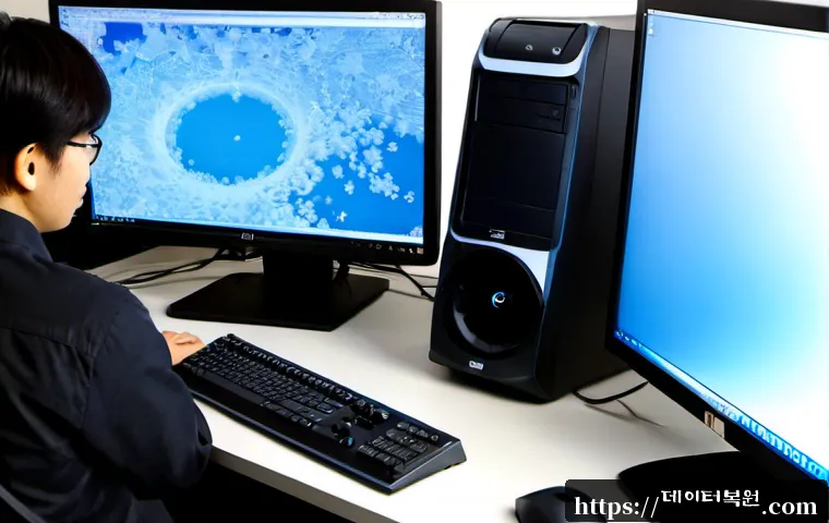 신평동 WIN32K_LOCK_HELD_TOO_LONG - Photorealistic IT support workstation in a compact Sinpyeong-dong office, dual monitors showing a fr...