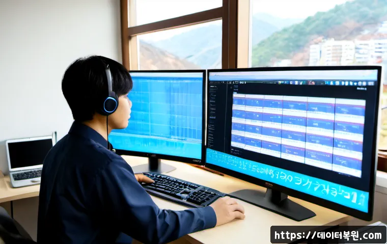 약수동 POOL_HEADER_CORRUPTION - Photorealistic IT support workstation in a compact Yaksu-dong apartment office, dual monitors showin...