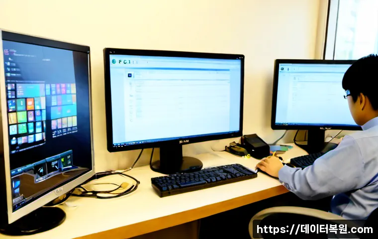 도화동 STATUS_INVALID_DEVICE_REQUEST - Photorealistic PC repair workstation in a compact Dohwa-dong office, dual monitors showing a clean a...