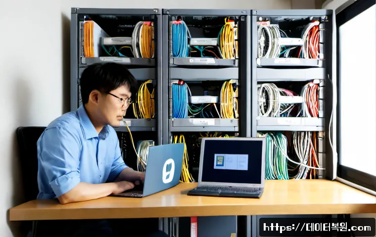 대방동 NAS출장방문수리점 - Photorealistic on-site NAS repair at a compact Daebang-dong apartment home office, technician connec...
