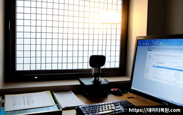 홍파동 프로그램응답없음 - Photorealistic remote-support scene in a compact Hongpa-dong apartment office, desktop monitor showi...