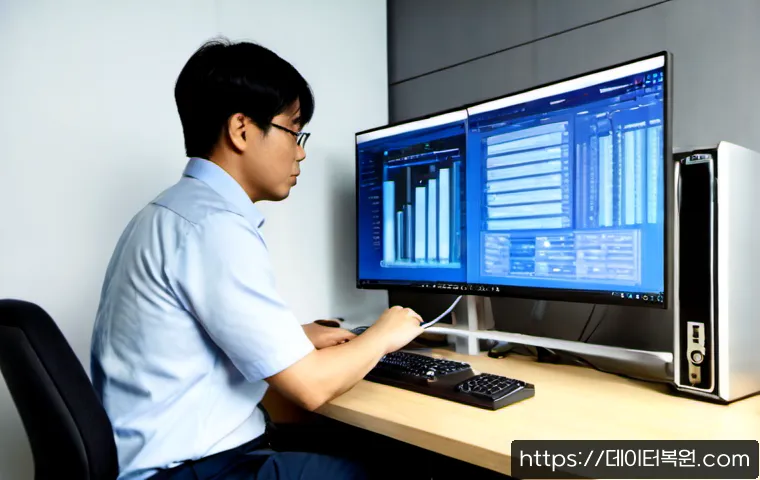 신도림 STATUS_KERNEL_DRIVER_CORRUPTION - Photorealistic IT support workstation in a Sindorim-style high-rise office, engineer examining a des...