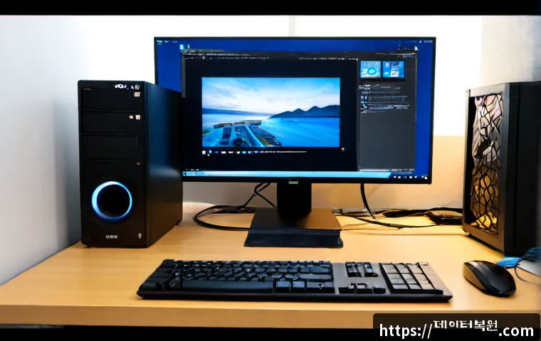 입정동 pc복구중 - Photorealistic PC recovery workstation in a compact Korean neighborhood repair studio, open desktop ...