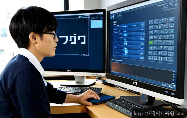 대현동 STATUS_KERNEL_NETWORK_ERROR - Photorealistic IT support workstation in a compact university-neighborhood office, dual monitors sho...