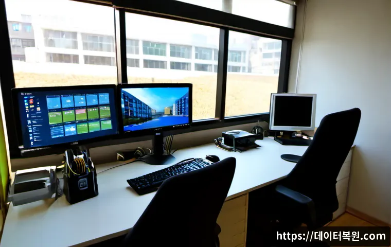 경운동 부팅안됨 - Photorealistic IT support workstation in a compact Gyeongun-dong office, desktop computer stopped at...