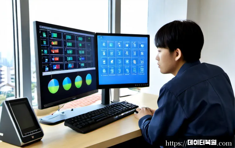 별양동 STATUS_INVALID_THREAD - Photorealistic IT support workstation in a modern Gwacheon office near a quiet residential district,...