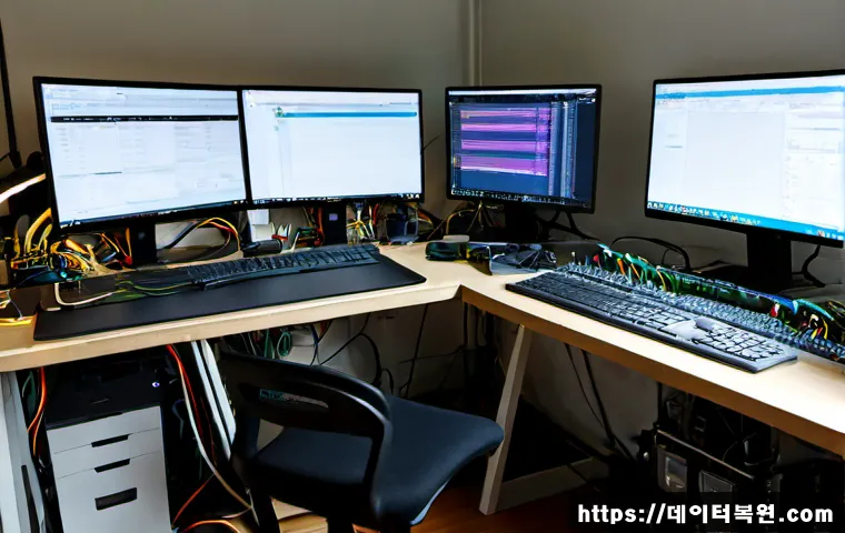 동교동 STATUS_STACK_OVERFLOW - Photorealistic IT support workstation in a compact creative studio near a leafy urban side street, d...