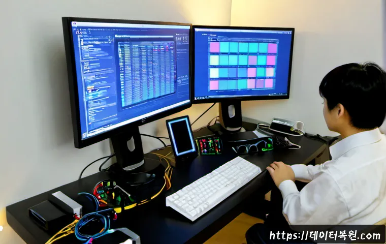 사근동 STATUS_NO_MEMORY - Photorealistic IT support workstation in a compact Seoul apartment office near Seongsu, dual monitor...