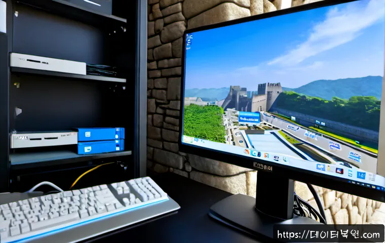 세종로 VIDEO_TDR_FAILURE - Photorealistic IT support workstation near Sejong-ro, dual monitors showing a blank blue system cras...