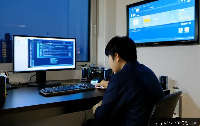길음동 KERNEL_MODE_HEAP_CORRUPTION - Photorealistic IT support workstation in a compact Gireum-dong apartment office, desktop monitor sho...