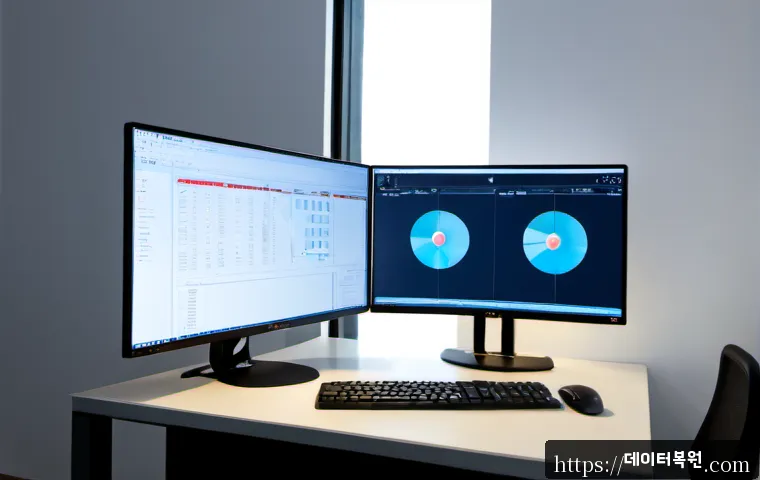 삼송동 STATUS_STACK_UNDERFLOW - Photorealistic software support workstation in a modern Samsong-dong apartment office, dual monitors...