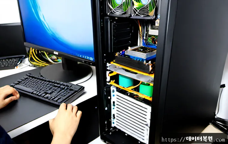 의주로 쿨러조립 및 교체수리 - Photorealistic desktop PC repair workstation in a compact Euljiro-style electronics office, technici...