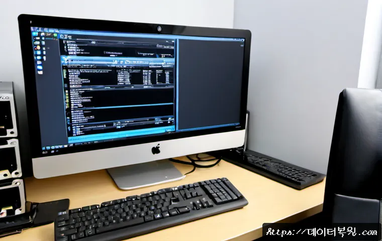 당주동 맥윈도우 부트캠프_bootcamp 재설치 포맷  초기화 - Photorealistic IT support workstation in a quiet Dangju-dong office, silver all-in-one computer conn...
