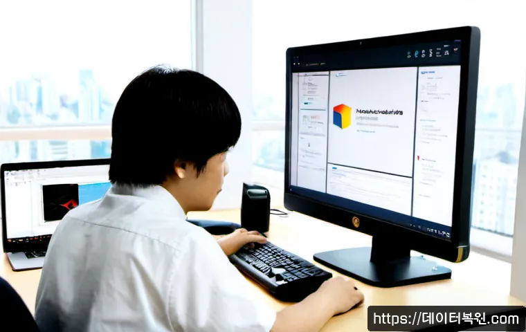 하안동 STATUS_FILE_CORRUPTION - Photorealistic remote-support workstation in a compact Haan-dong apartment office, dual monitors sho...