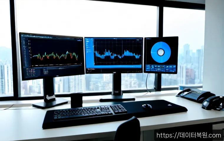우장산 STATUS_KERNEL_FILE_SYSTEM_ERROR - Photorealistic IT support workstation in a quiet western Seoul office, ultrawide monitor showing an ...