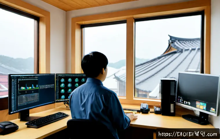 충신동 INVALID_KERNEL_HANDLE - Photorealistic IT support workstation in a compact Seoul townhouse office, dual monitors showing abs...