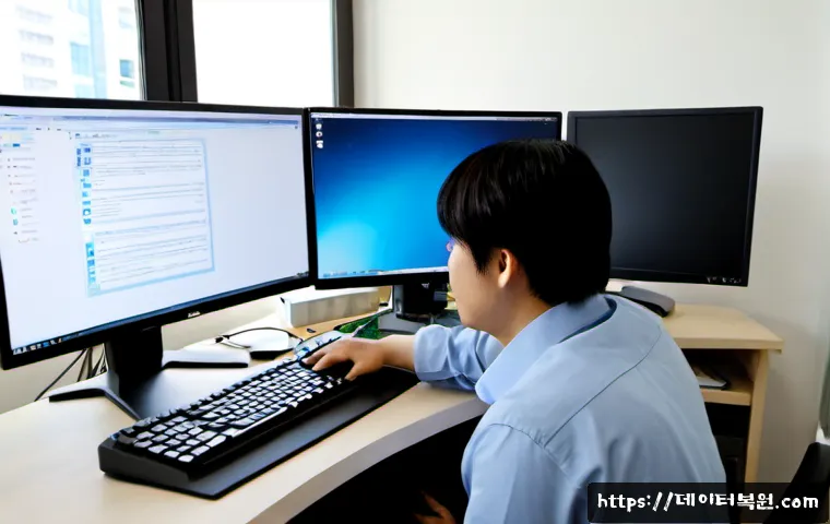 구로구 조립컴퓨터 pc 출장판매설치 - Photorealistic PC technician installing a custom desktop tower beneath a clean office workstation in...