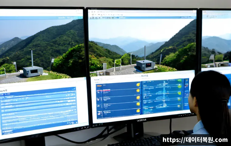 청운효자동 SYSTEM_SERVICE_EXCEPTION - Photorealistic IT support workstation in a quiet hillside neighborhood office, dual monitors showing...