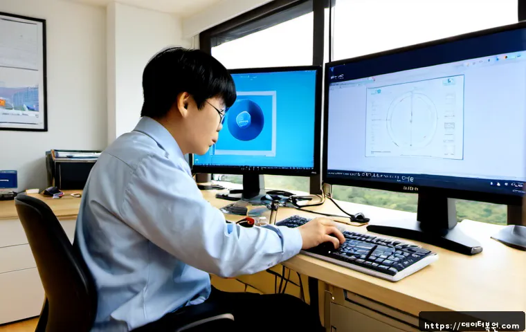 원지동 STATUS_INVALID_THREAD - Photorealistic remote-support workstation in a quiet Wonji-dong engineering office, dual monitors sh...