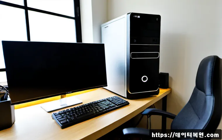 묵동 프리도스 윈도우설치 - Photorealistic home office in Muk-dong, Seoul, a desktop PC with a freshly assembled tower and a cle...
