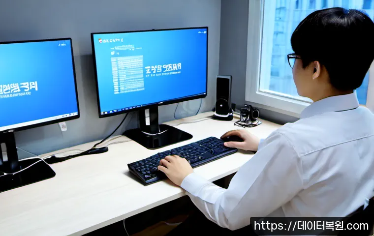 쌍문동 DRIVER_POWER_STATE_FAILURE - Photorealistic IT support workstation in a Ssangmun-dong apartment home office, dual monitors showin...