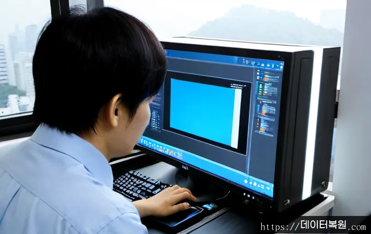 도렴동 SYSTEM_SERVICE_EXCEPTION - Photorealistic IT support workstation in a compact central Seoul office, engineer examining a deskto...