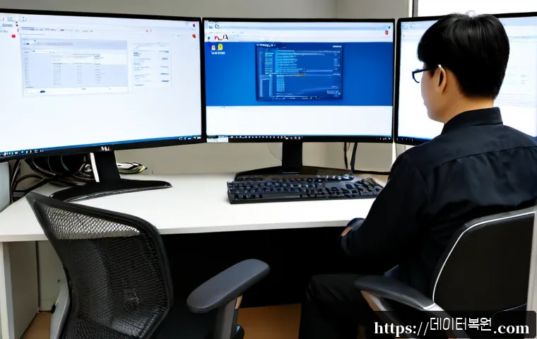 장안동 STATUS_ACCESS_VIOLATION - Photorealistic IT support workstation in a compact Jangandong office, dual monitors showing a blank ...