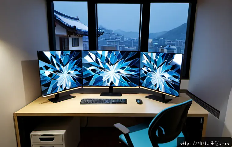 과해동 VIDEO_TDR_FAILURE - Photorealistic high-end desktop workstation in a compact Korean apartment office, dual monitors abru...