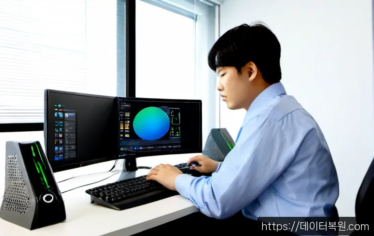 태전동 STATUS_KERNEL_EXECUTION_ERROR - Photorealistic desktop support workstation in a compact Taejeon-dong office, dual monitors showing a...