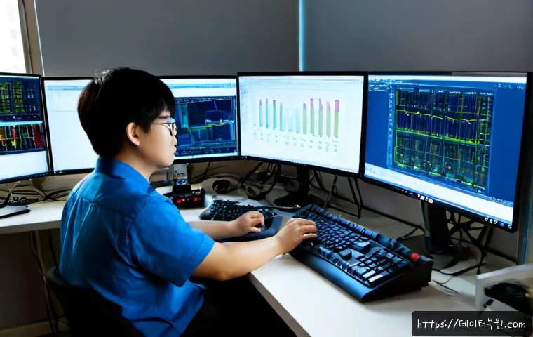 쌍림동 HARDWARE_INTERRUPT_STORM - Photorealistic electronics engineering workstation in a compact Ssangnim-dong office, dual monitors ...