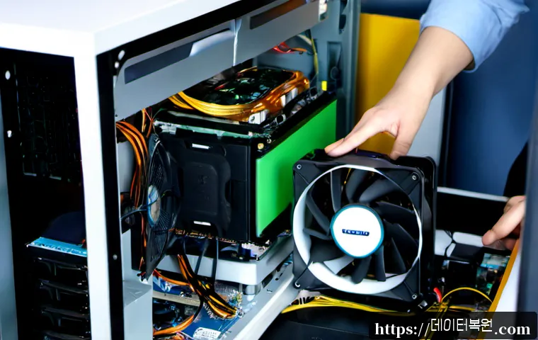 원문동 쿨러조립 및 교체수리 - Photorealistic desktop computer repair workstation in a compact Korean office, technician carefully ...