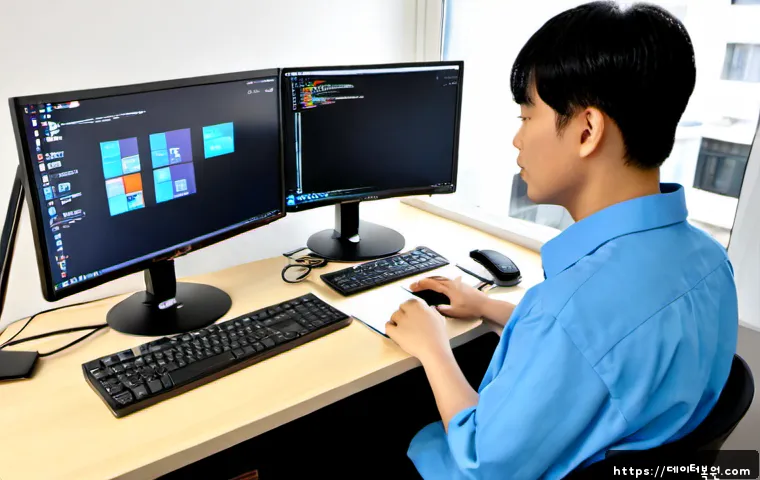 묵정동 STATUS_DISK_CORRUPTION - Photorealistic remote IT support workstation in a compact Mukjeong-dong design office, ultrawide mon...