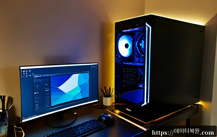 이태원 팬돌다 멈춤 - Photorealistic remote-support workstation in a compact Itaewon apartment office, desktop PC tower wi...