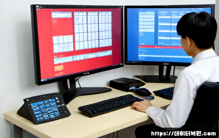 장사동 STATUS_STACK_BUFFER_OVERRUN - Photorealistic IT support workstation in a compact Jangsa-dong office, technician studying a dual-mo...