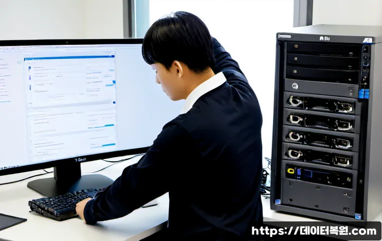 의주로 NAS출장방문수리점 - Photorealistic NAS onsite repair workstation in a compact Euiju-ro office, technician replacing hot-...