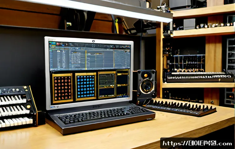 낙원동 MACHINE_CHECK_EXCEPTION - Photorealistic workstation in a compact Nakwon-dong instrument repair studio, powerful desktop compu...
