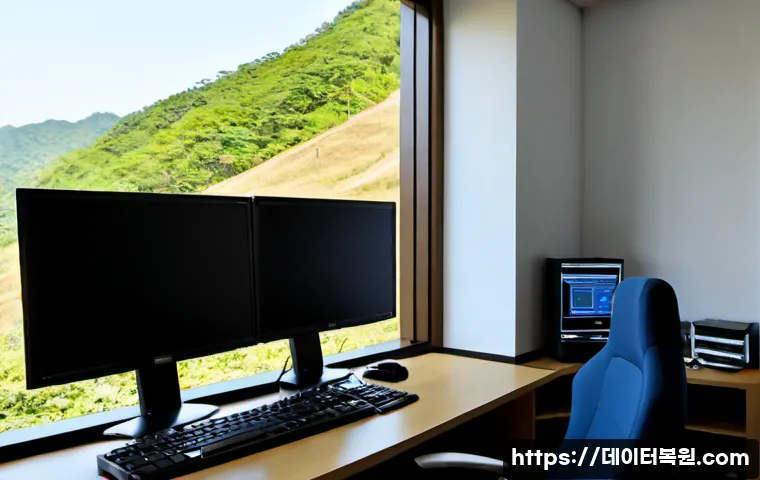 우면동 WIN32K_POWER_WATCHDOG_TIMEOUT - Photorealistic IT support workstation in a quiet Umyeon-dong apartment study, dual monitors with a b...