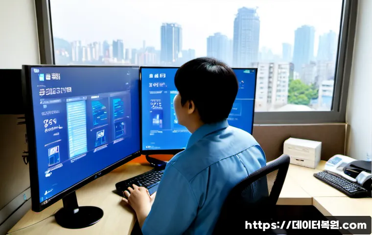 노량진 STATUS_INVALID_DISPOSITION - Photorealistic IT support workstation in a compact Noryangjin office, dual monitors showing an abstr...