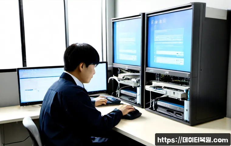 중학동 STATUS_KERNEL_EXECUTION_ERROR - Photorealistic IT support workstation in a quiet central Korean government-office district, dual mon...